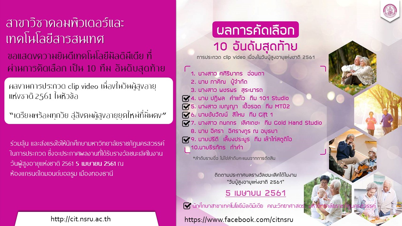 นักศึกษาหลักสูตรเทคโนโลยีมัลติมีเดีย ผ่านการคัดเลือก 10 ทีมสุดท้าย  การประกวด clip video เนื่องในวันผู้สูงอายุแห่งชาติ 2561 