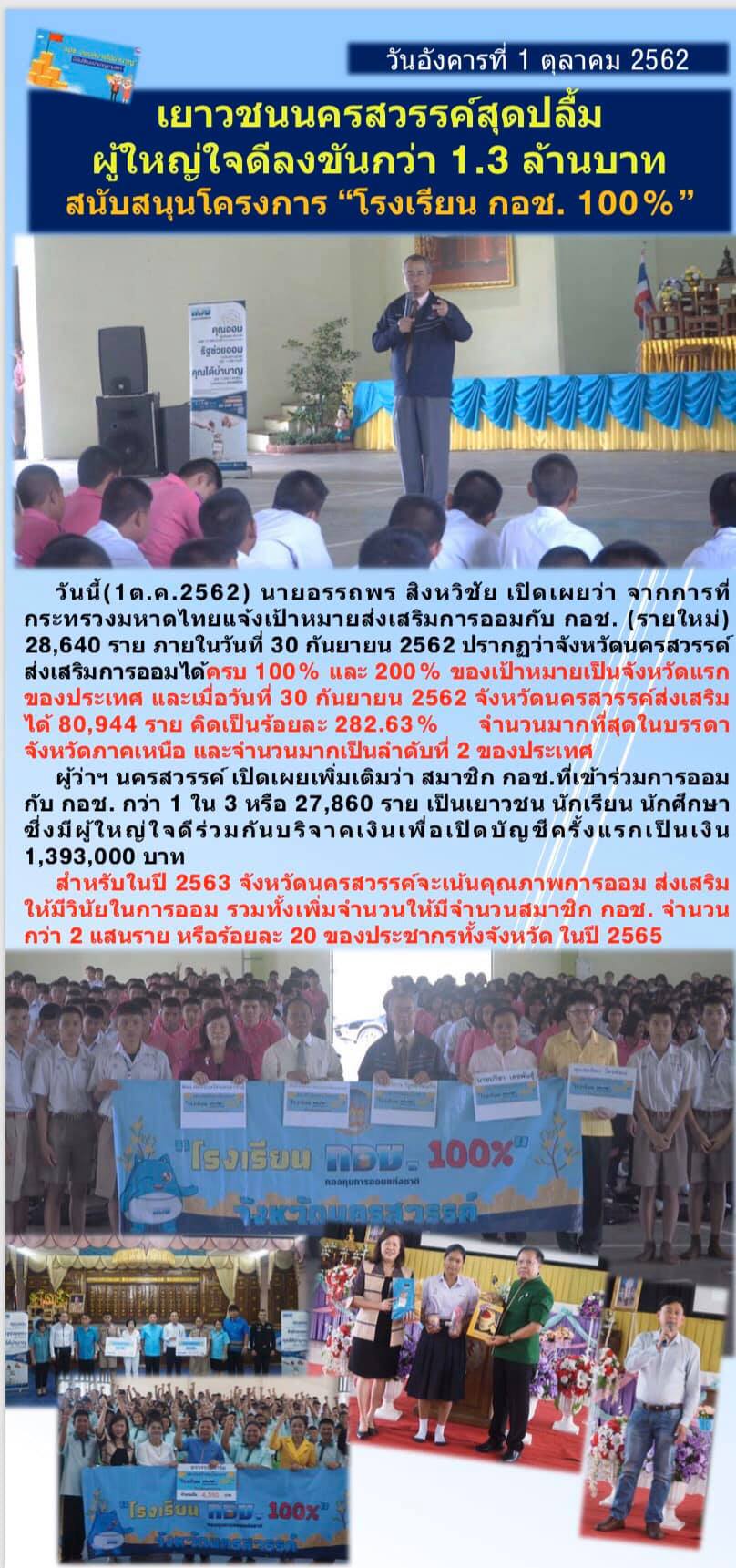 จังหวัดนครสวรรค์จะเน้นคุณภาพการออม ส่งเสริมให้มีวินัยในการออม รวมทั้งเพิ่มจำนวนให้มีจำนวนสมาชิก กอช. ของประชากรทั้งจังหวัดในปี 2565